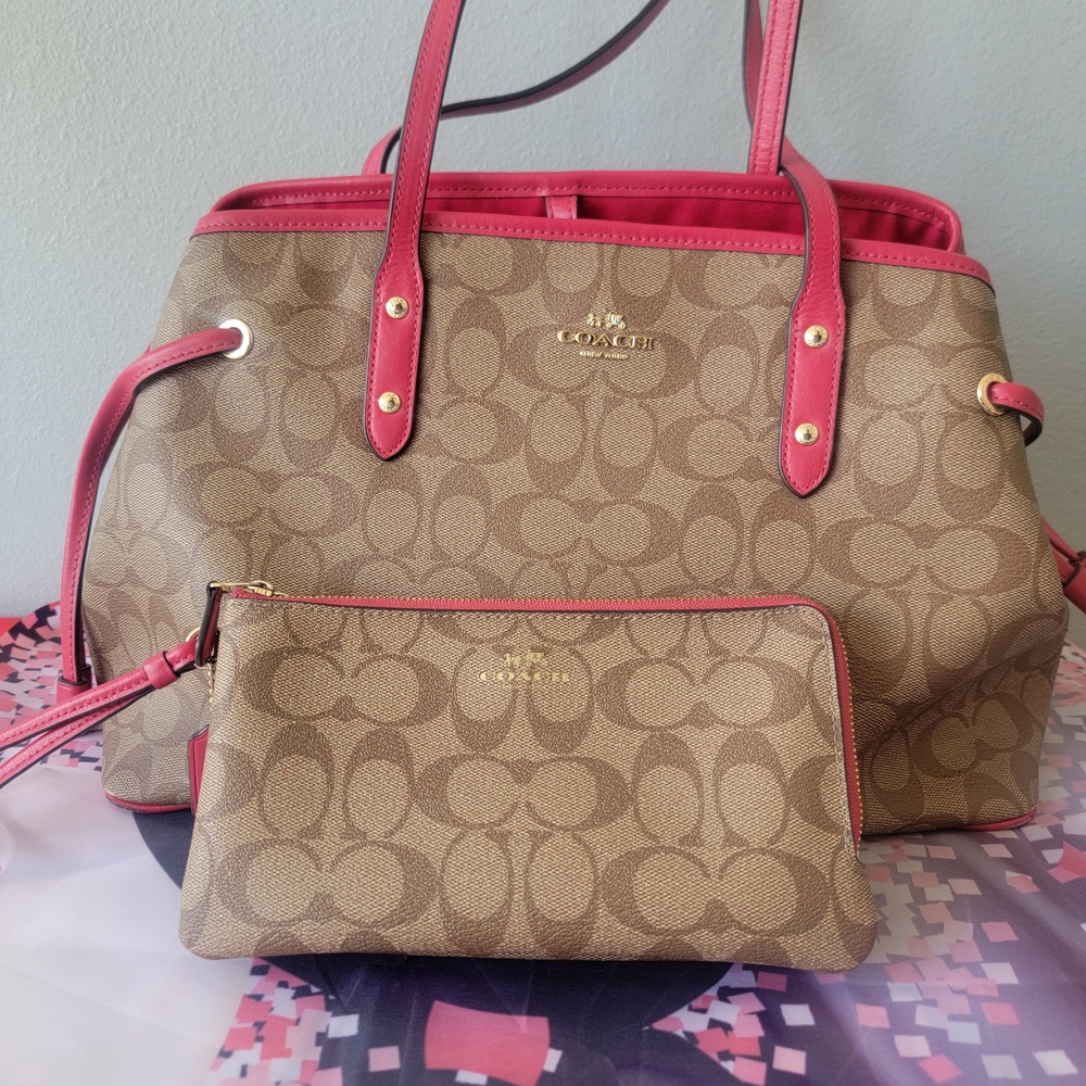 Coach Tan and Pink Signature Tote Bag Set